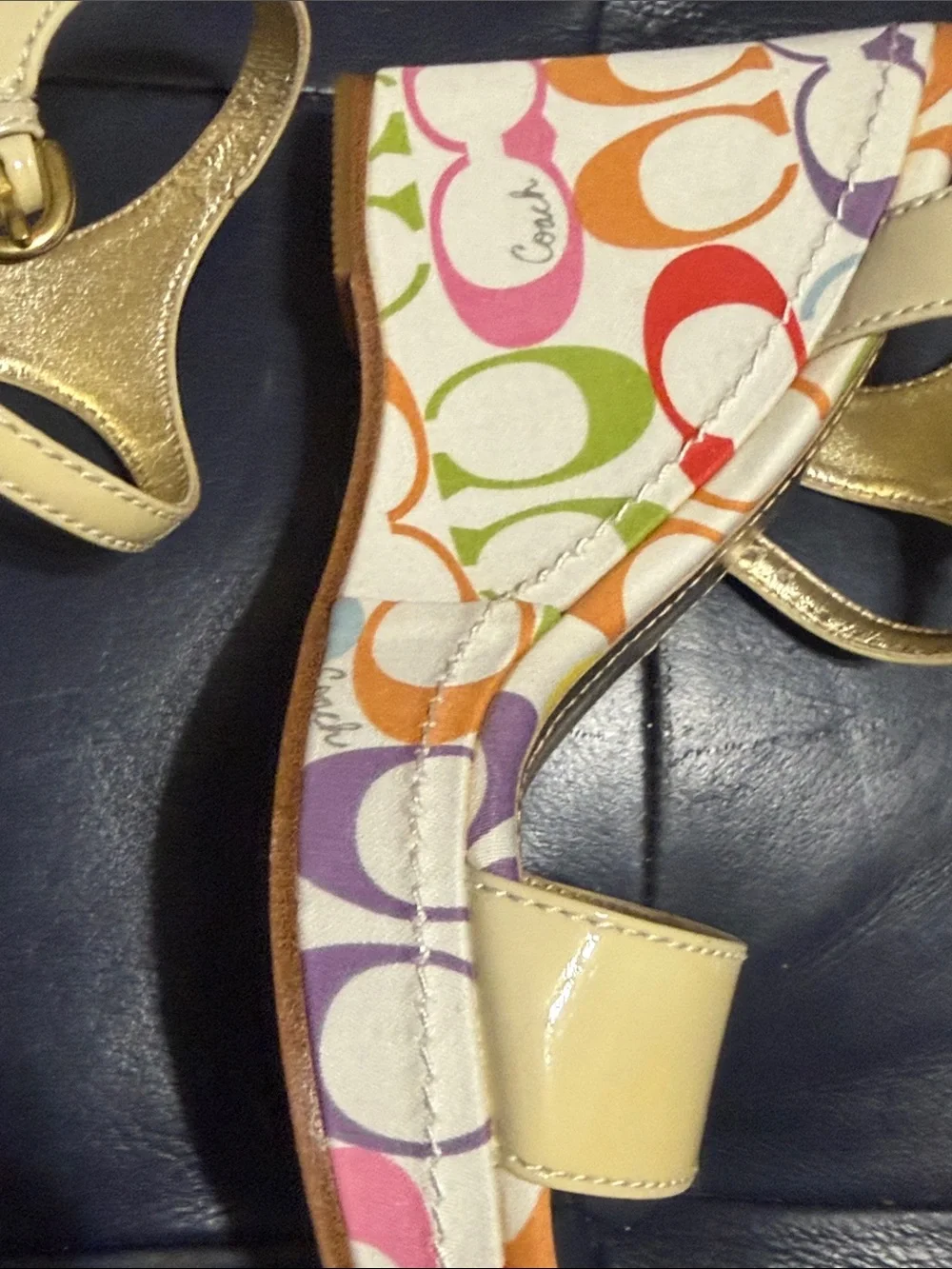 Coach Cream Patent Leather Slingback Sandals with Multicolor Insole